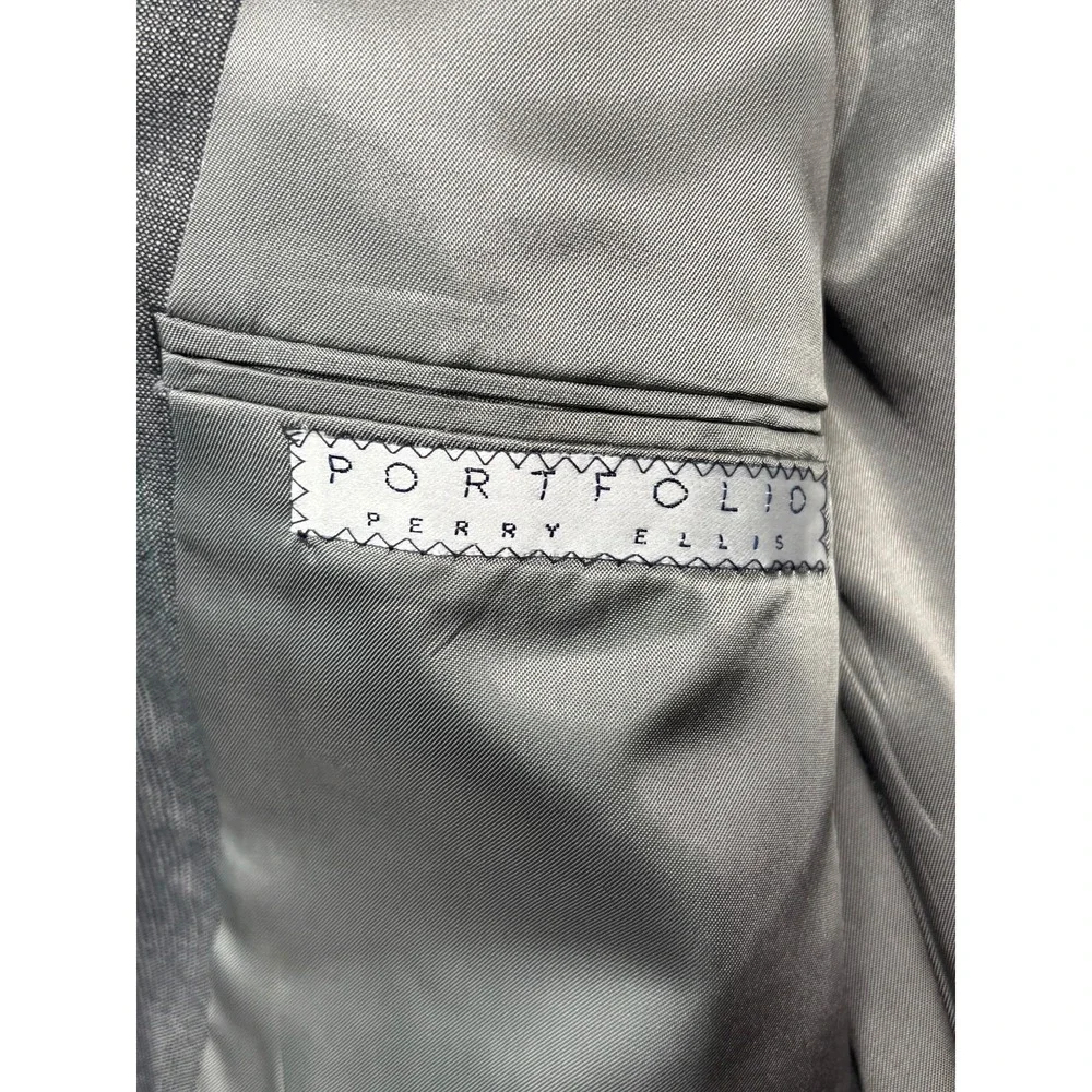vtg 90s Perry Ellis 36S 29x28 Gray Plaid 2pc Pant Suit Wool Pleated Cuffed USA